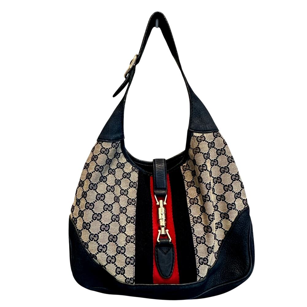 Gucci Beige/Black/Red Monogram Hobo Shoulder Bag with Gold Hardware